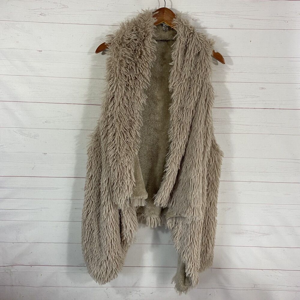 Kensie Womens Faux Fur Open Waterfall Front Vest One Size Beige Fleece Lined